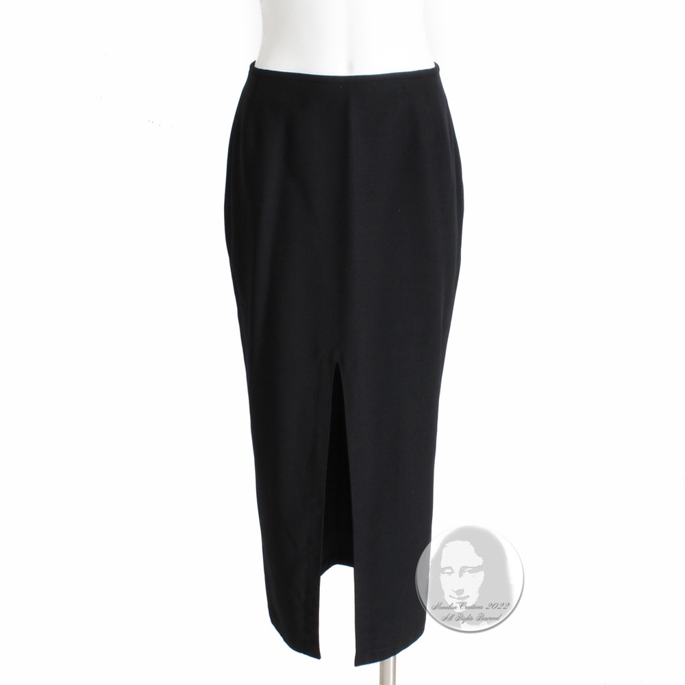 Genny Italy Skirt Midi Long Sexy Front Vent Black Wool Gabardine Vintage US 8